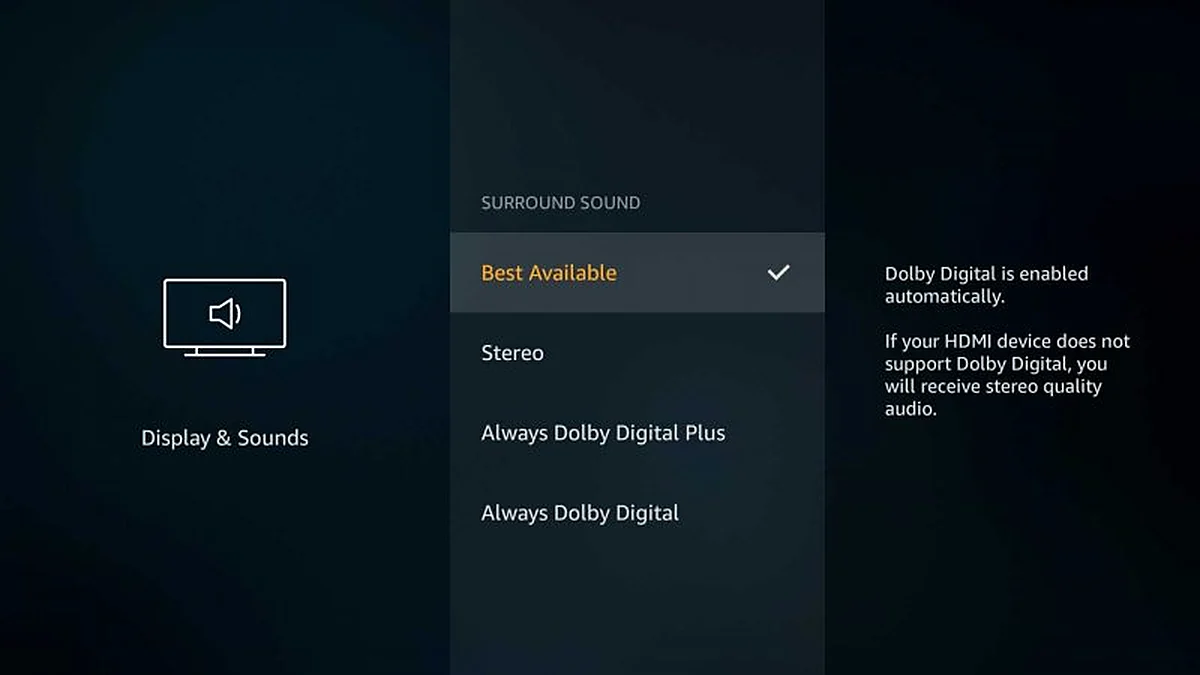 Fire TV Surround Sound settings showing Best Available, Stereo and the Always Dolby Digital options