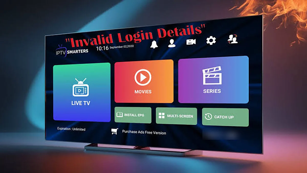 IPTV Smarters showing an Invalid Login Details error over the Live TV, Movies and Series menu