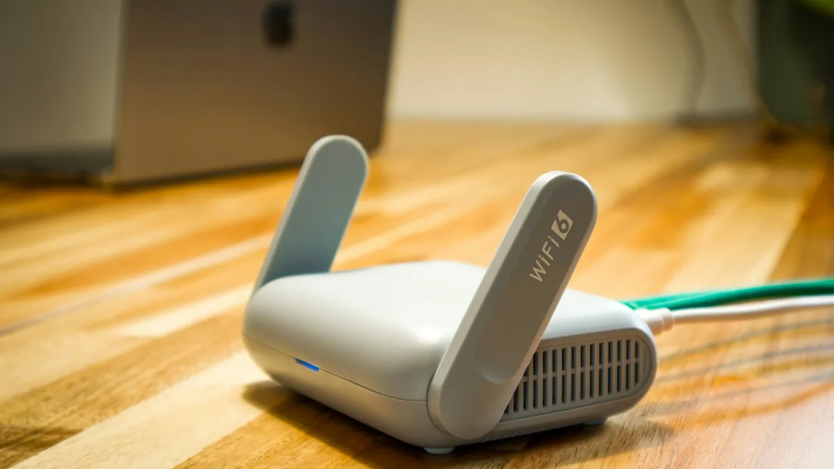 Wi-Fi router on a wooden table, the key to the internet speed IPTV needs in New Zealand