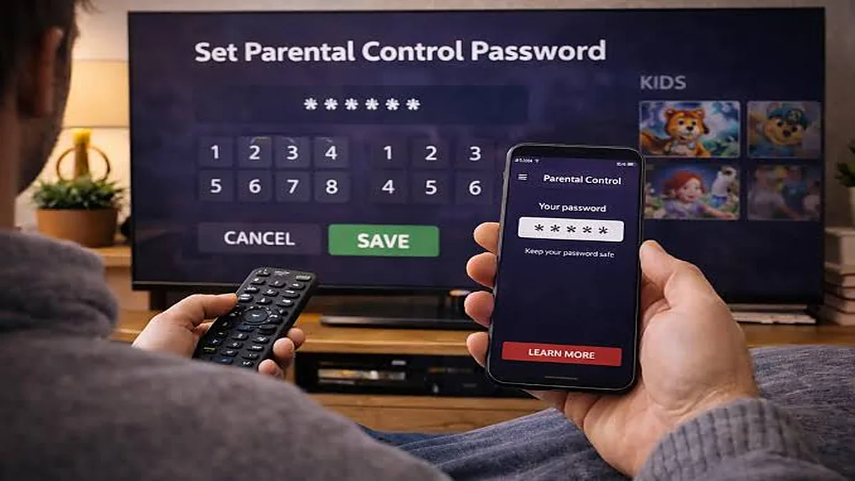 Setting a parental control password on a TV with a remote, with a companion parental control app open on a phone
