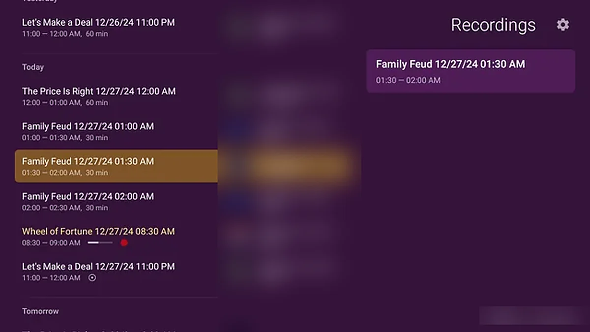 TiviMate recording schedule listing programmes set to record, with channel identifiers obscured