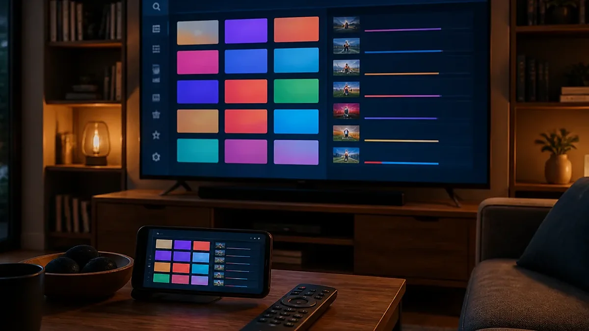 Phone in landscape on a stand running an IPTV player beside a TV showing the same channel grid in a living room
