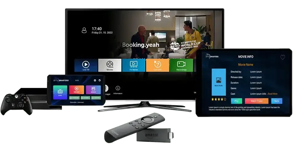 IPTV NZ running on a Smart TV, tablet, phone, laptop, Fire TV Stick and games console